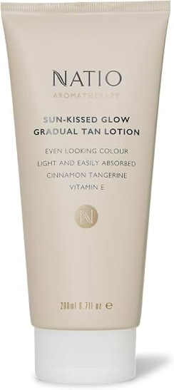 Natio Sun-Kissed Glow Gradual Tan Lotion 200ml cream tube, cinnamon and tangerine label
