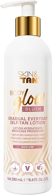 Skin & Tan Body Glow Blush Medium gradual self-tan lotion 280ml white pump bottle
