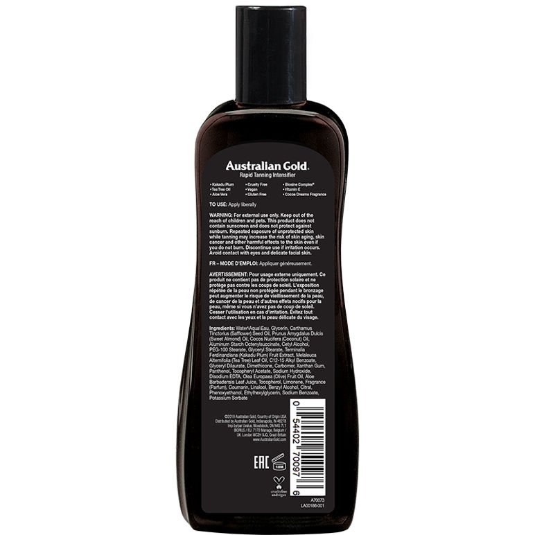 Australian Gold Rapid Tanning Intensifier Lotion 250ml back label with ingredients and warnings
