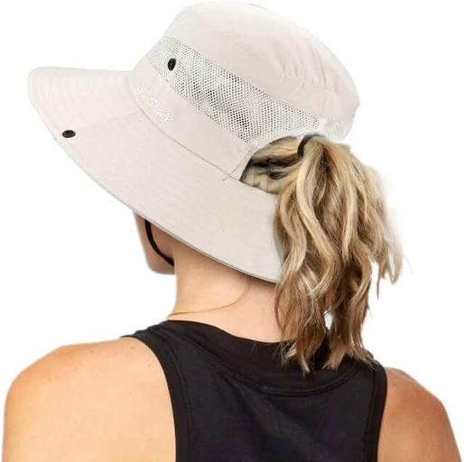 Women’s Wide Brim Sun Hat — Ponytail Opening, Packable