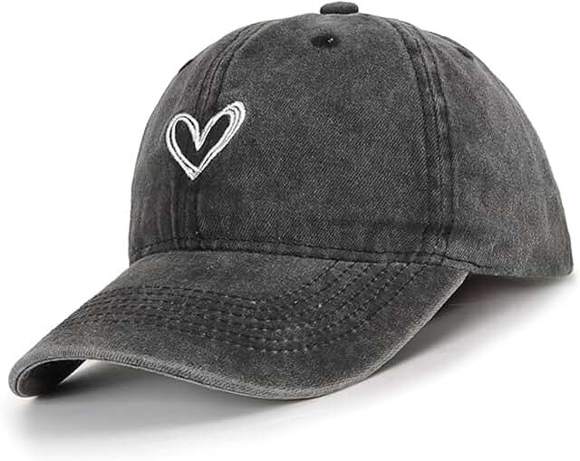 Women’s Heart Embroidered Washed Baseball Cap — Grey