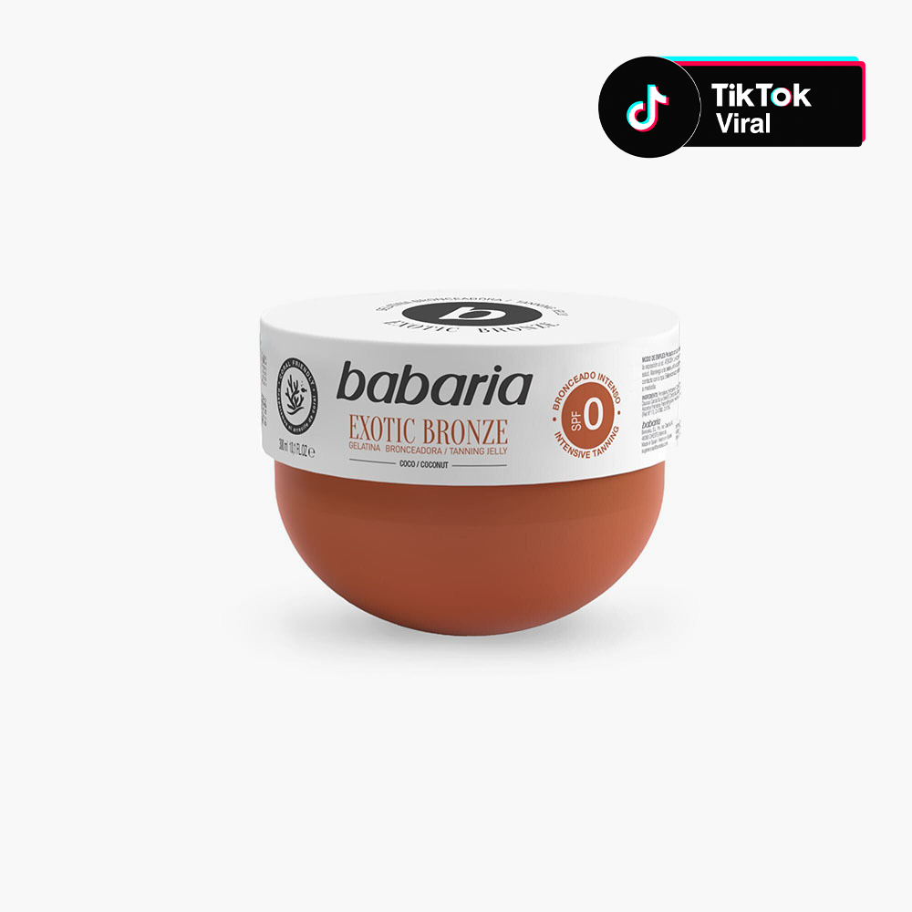 Babaria Exotic Bronze Coconut Tanning Jelly SPF0 300ml jar in manufacturer promotional image