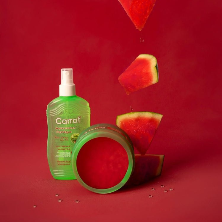 Carrot Sun Watermelon oil spray bottle beside watermelon