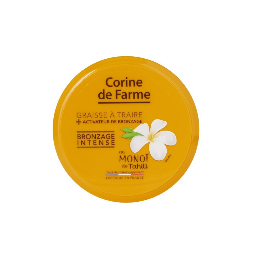 Corine de Farme Islands tanning grease with Tahitian monoi yellow jar lid