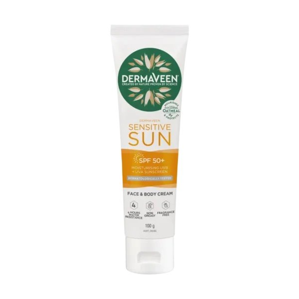 DermaVeen Sensitive Sun SPF50+ Face & Body 100g product pack