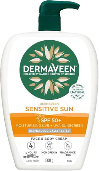 DermaVeen Sensitive Sun SPF50+ Face & Body Cream Pump Pack 500g product packaging