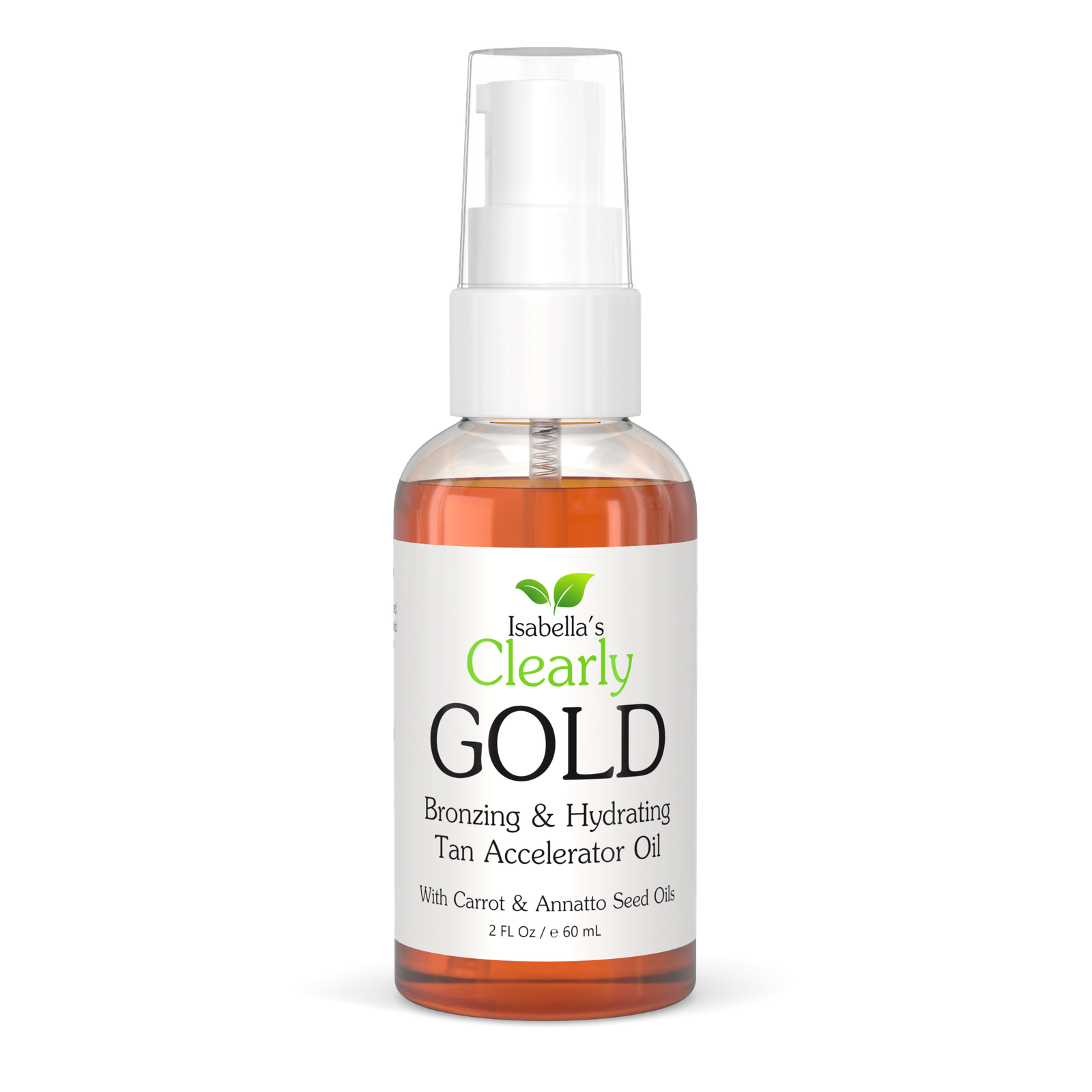 Isabella’s Clearly GOLD tanning oil 60 ml pump bottle front