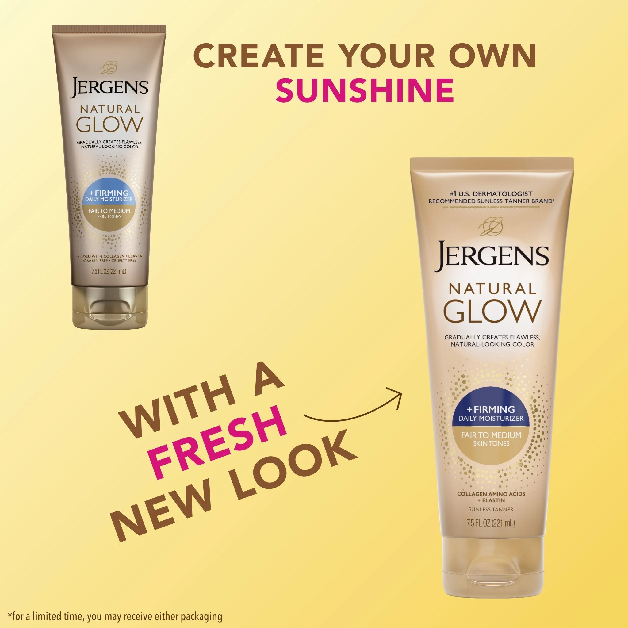 Jergens manufacturer comparison of previous and current Natural Glow +Firming packaging