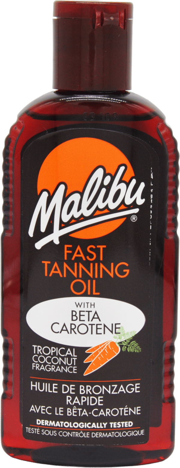 Malibu Fast Tanning Oil with Beta Carotene 200 ml bottle, tropical coconut fragrance