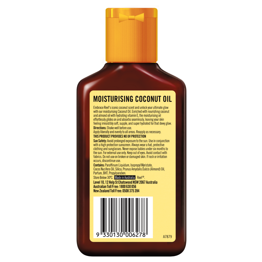 Reef Moisturising Coconut Oil 125 ml rear label with directions and ingredients