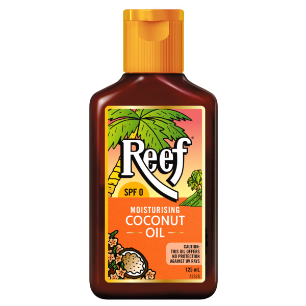 Reef Moisturising Coconut Oil 125 ml bottle front showing SPF 0 and no UV protection warning
