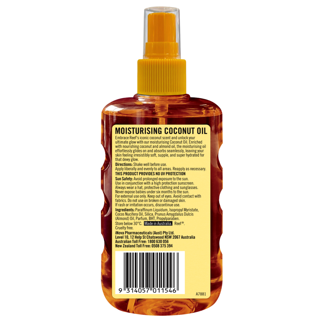 Reef moisturising coconut oil spray no SPF 220ml back label and directions