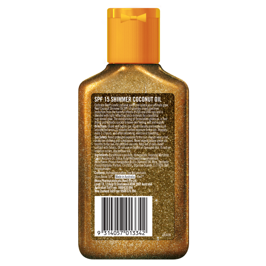 Reef SPF15 shimmer coconut sunscreen oil 125ml back label