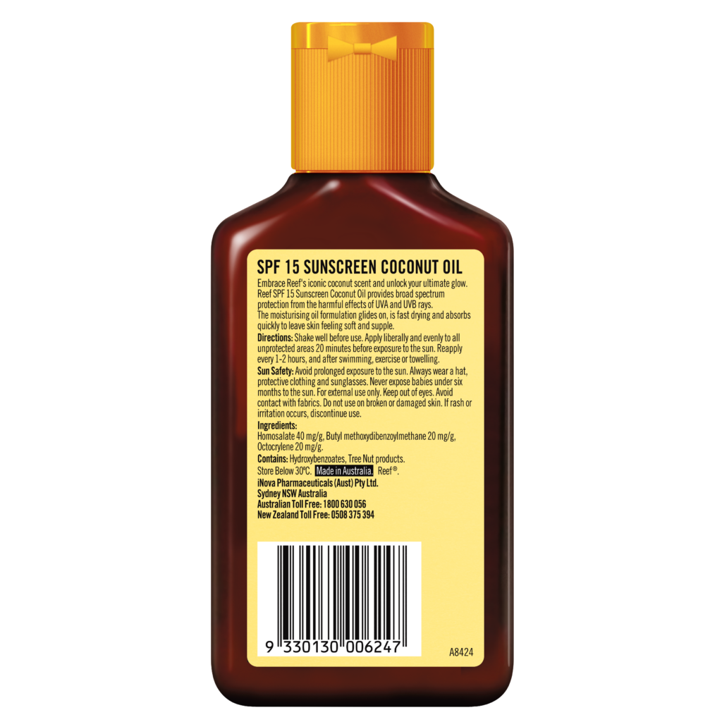 Reef SPF15 coconut sunscreen oil 125ml back label and directions