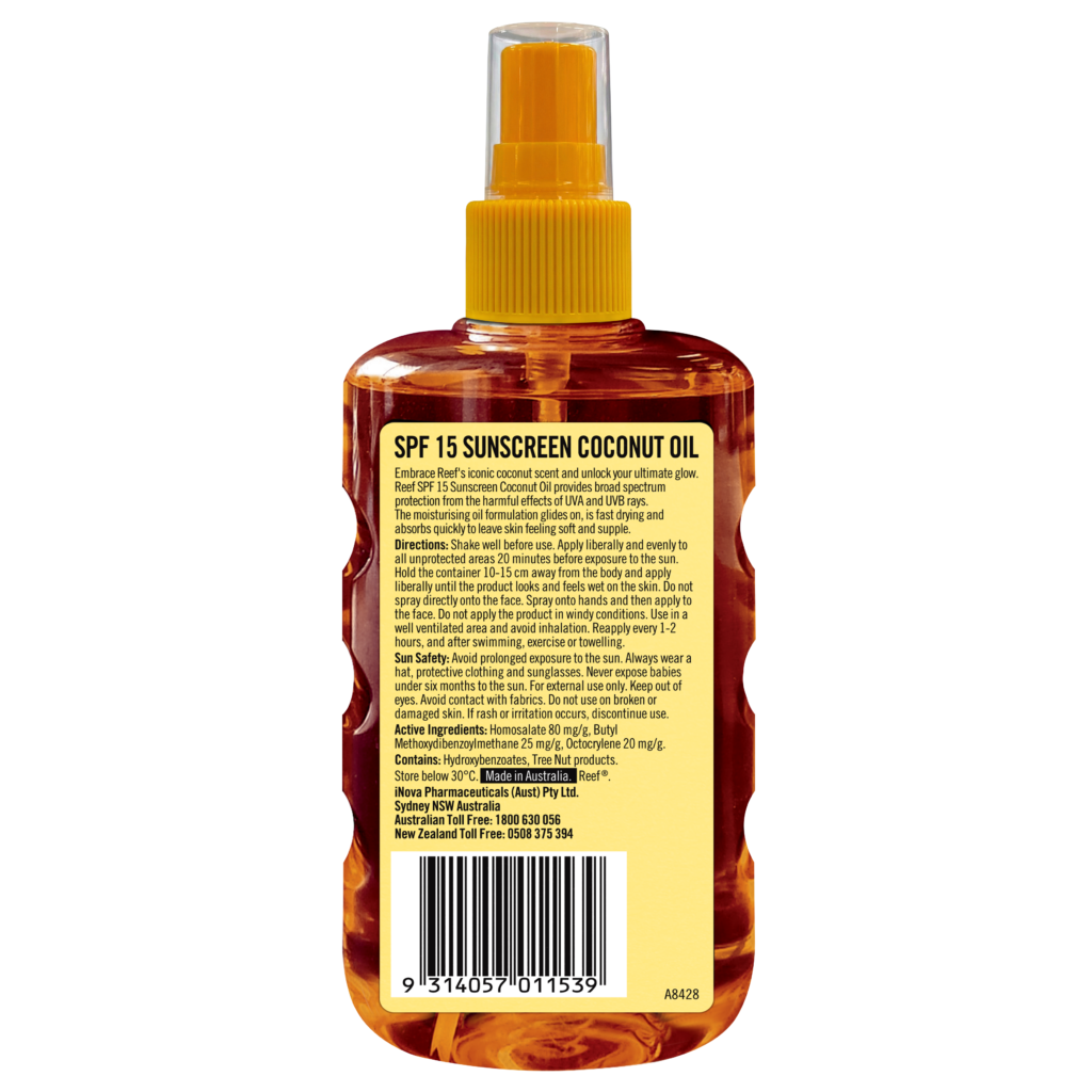 Reef SPF15 Coconut Sunscreen Oil Spray 220ml back label and directions