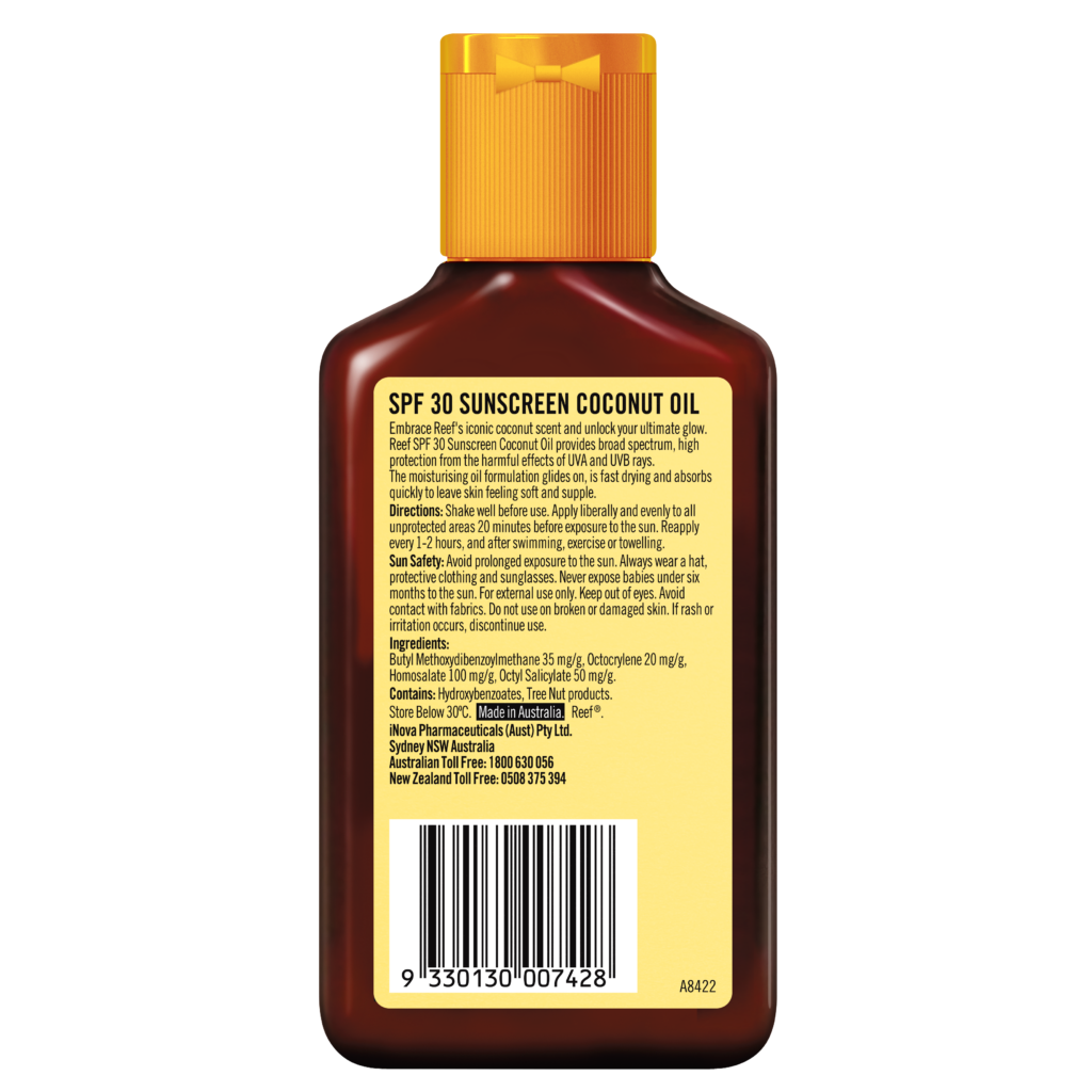 Reef SPF30 coconut sunscreen oil 125ml back label and directions