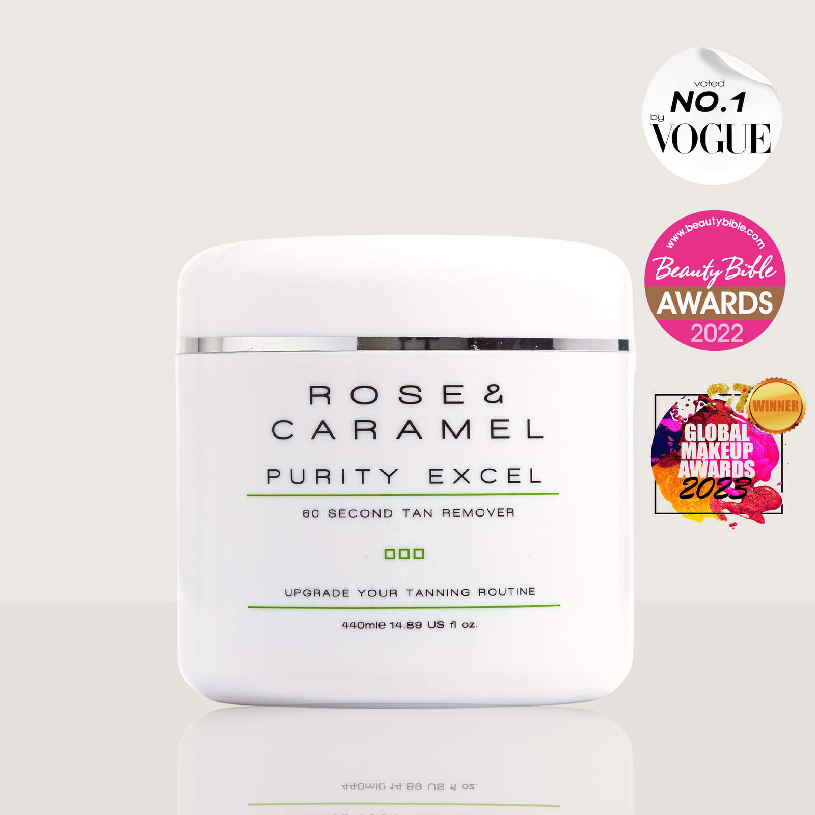 Rose & Caramel Purity Excel 60 Second Tan Remover 440ml jar in manufacturer promotional photograph