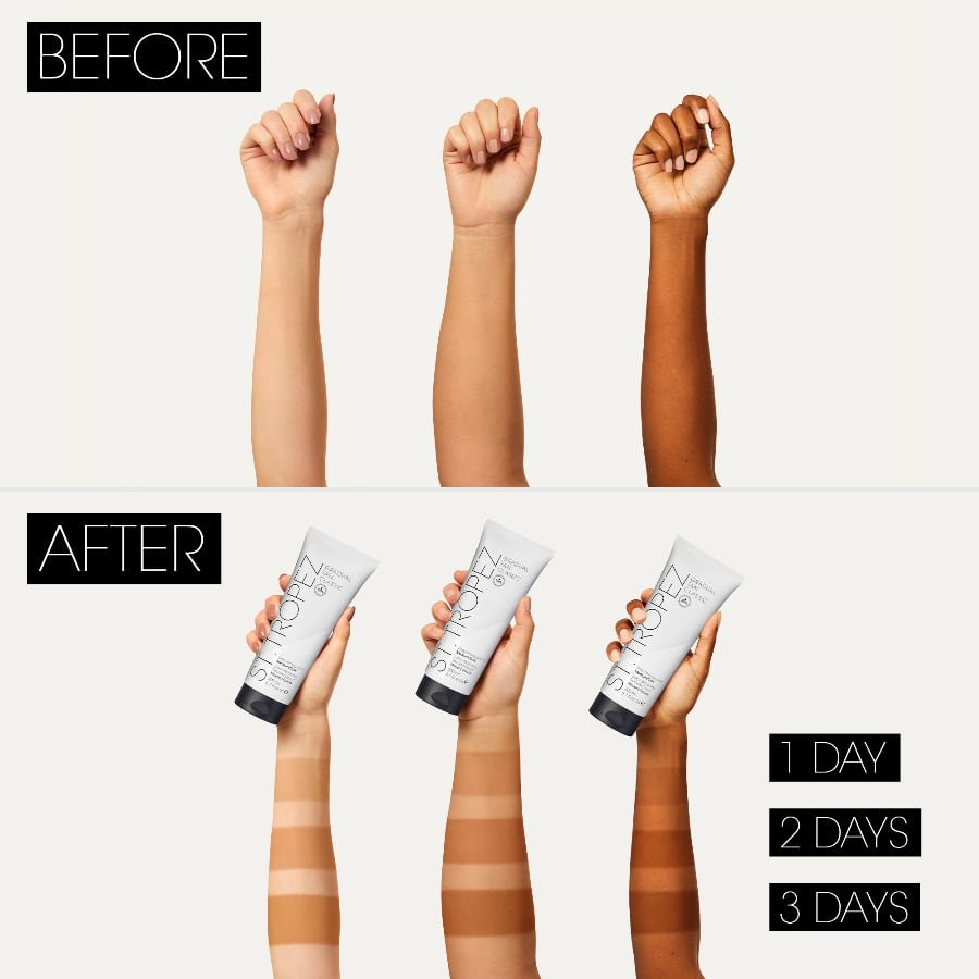 St. Tropez brand illustration of gradual colour development on different skin tones