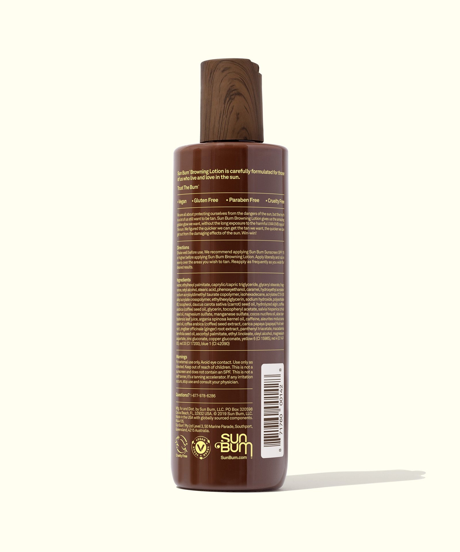 Back of Sun Bum Browning Lotion 250ml with directions, ingredients and no-sunscreen warning