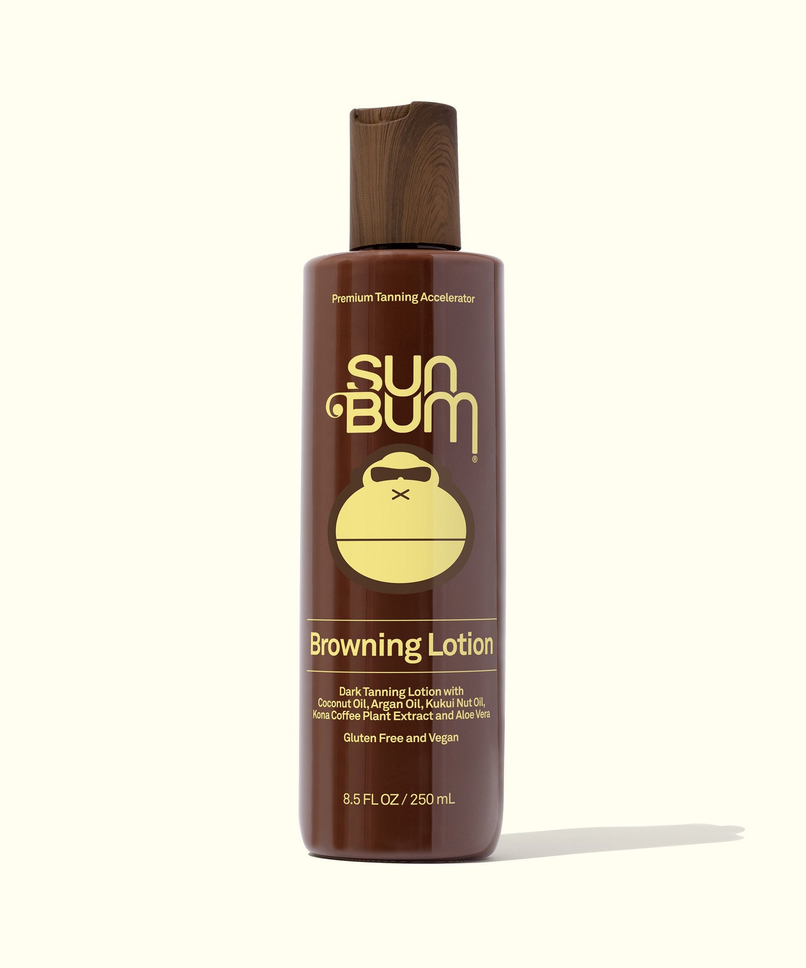 Sun Bum Browning Lotion 250ml brown bottle with yellow logo and wood-pattern cap