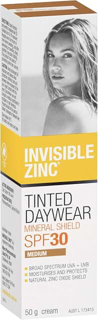 Invisible Zinc Tinted Daywear SPF30+ Medium Sunscreen 50g product packaging