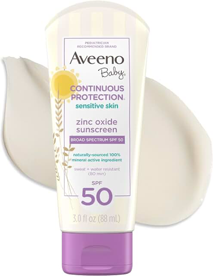 Aveeno Baby Continuous Protection Zinc Oxide Mineral Sunscreen Lotion product packaging