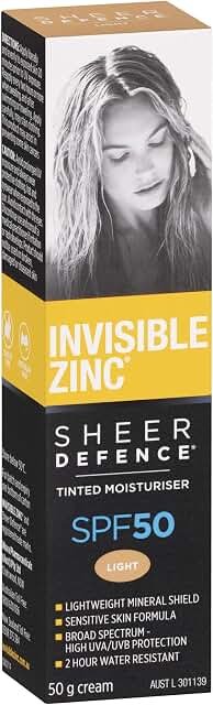 Invisible Zinc Sheer Defense Moisturiser SPF50 Light product packaging