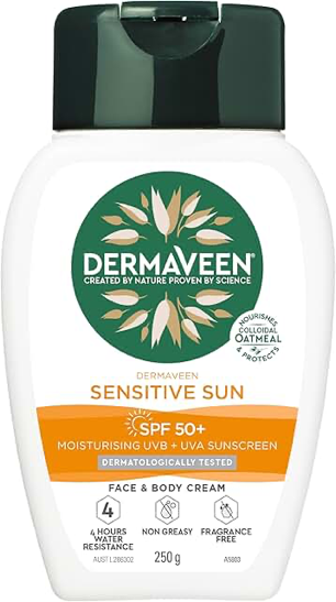 DermaVeen Sensitive Sun SPF50+ Face & Body Cream 250g product packaging