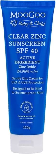 Moogoo Baby & Child Clear Zinc Sunscreen SPF40 120g product packaging