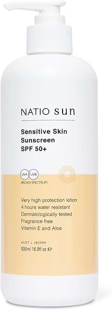 Natio Sensitive Skin Sunscreen SPF50+ 500ml product packaging