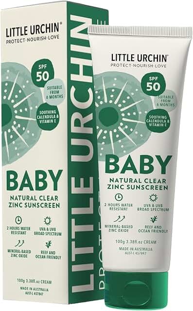 Little Urchin BABY Natural Clear Zinc Sunscreen SPF50 100g product packaging